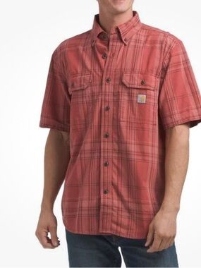 Carhartt Men's Short-Sleeve Plaid Button-Down Shirt Rust Red L Durable Comfort